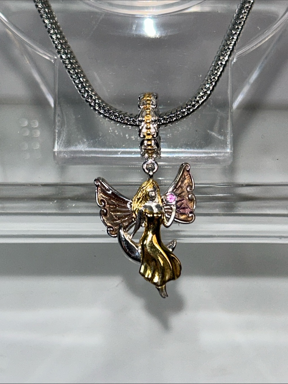 NWOT Gems En Vogue Palladium 18k Genuine Gemstone Swinging Moon Angel Euro Charm